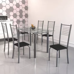 Conjunto de Mesa Tubular 6 Cadeiras 140cm com Tampo de Vidro Iza Prata/Preto Preto/Prata
