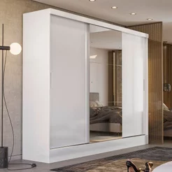 Guarda-Roupa Casal com Espelho 3 Portas de Correr e 4 Gavetas Plata Yescasa Branco Branco