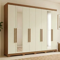 Guarda-Roupa Casal com Espelho e Pés 8 Portas 4 Gavetas Master New Bege/Jatobá/Areia Jatoba/Areia