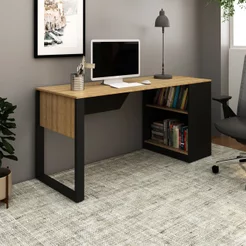 Escrivaninha Mesa Escritório 160cm Amêndoa e Preto Marrom Amêndoa/Preto