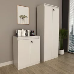 Kit 2 Peças Armário Escritório com 2 Portas e Balcão com Chave 2 Portas Branco Branco