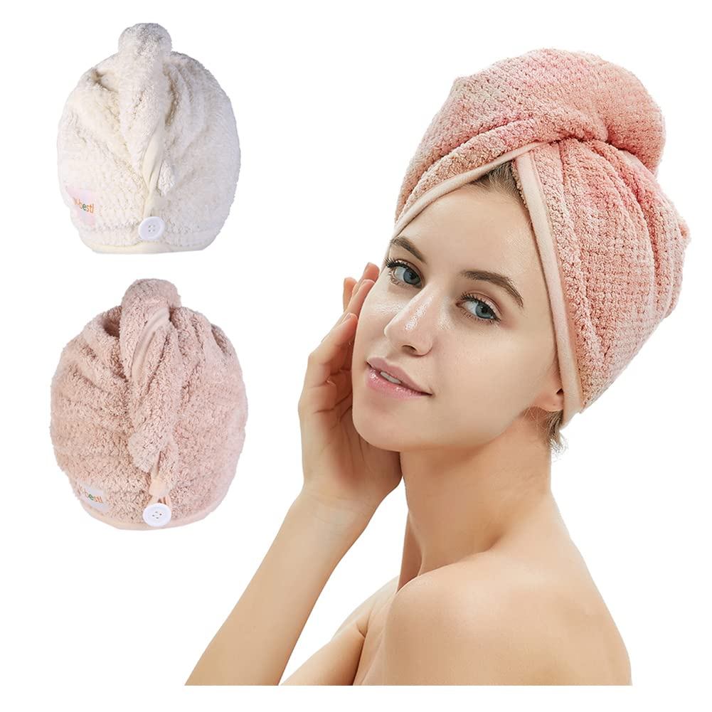 2HOK M-bestl, conjunto de 2 toalhas de microfibra para secar o cabelo, secagem rápida, evita o frizz (rosa e bege).