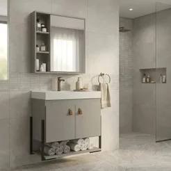 Conjunto Gabinete para Banheiro Suspenso Maré 60cm Cimento/Cimento Cimento