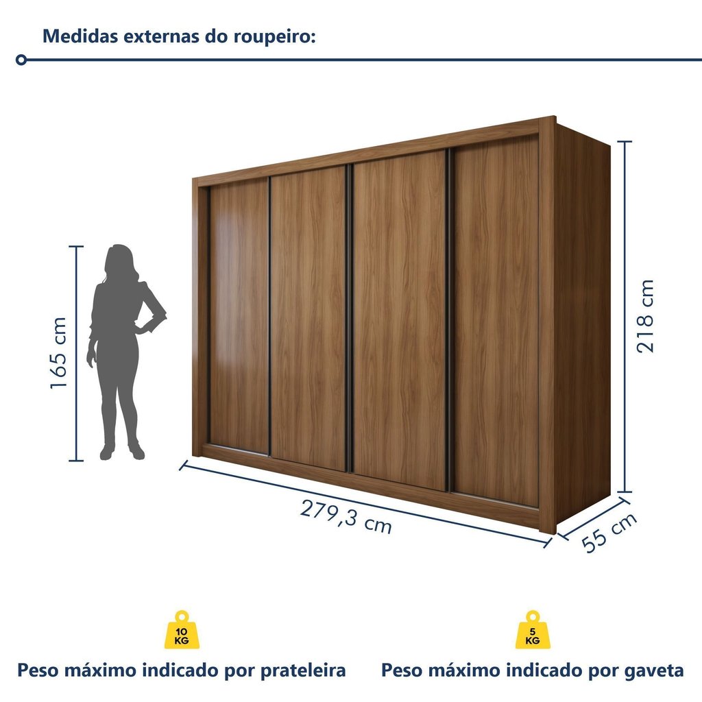 Guarda Roupa Casal Premium Liv 4 Portas de Correr e 4 Gavetas 279,3cm Yescasa Marrom/Carvalho Carvalho · foto 2