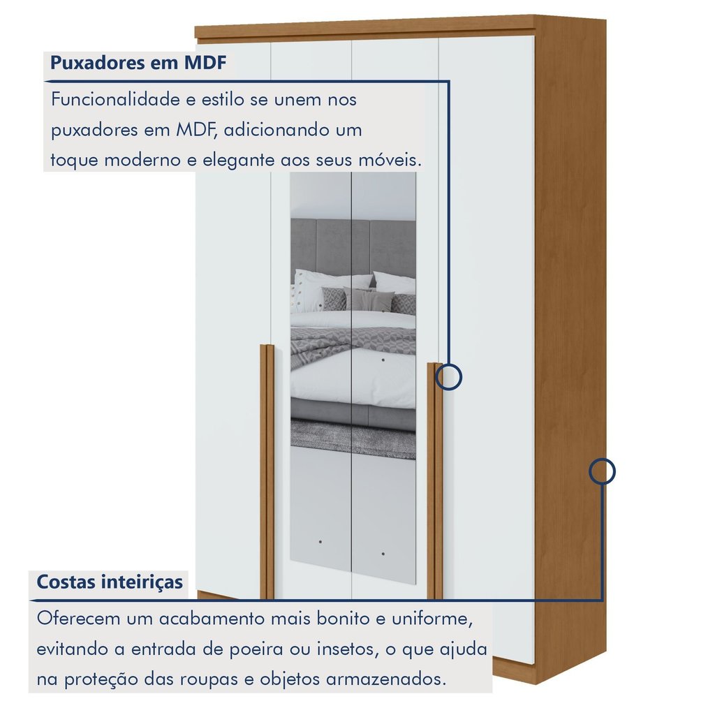 Guarda Roupa Solteiro 4 Portas 2 Gavetas com Espelho MDF Alonzo 153.5cm Marrom Amêndoa Clean/Branco Amêndoa · foto 2