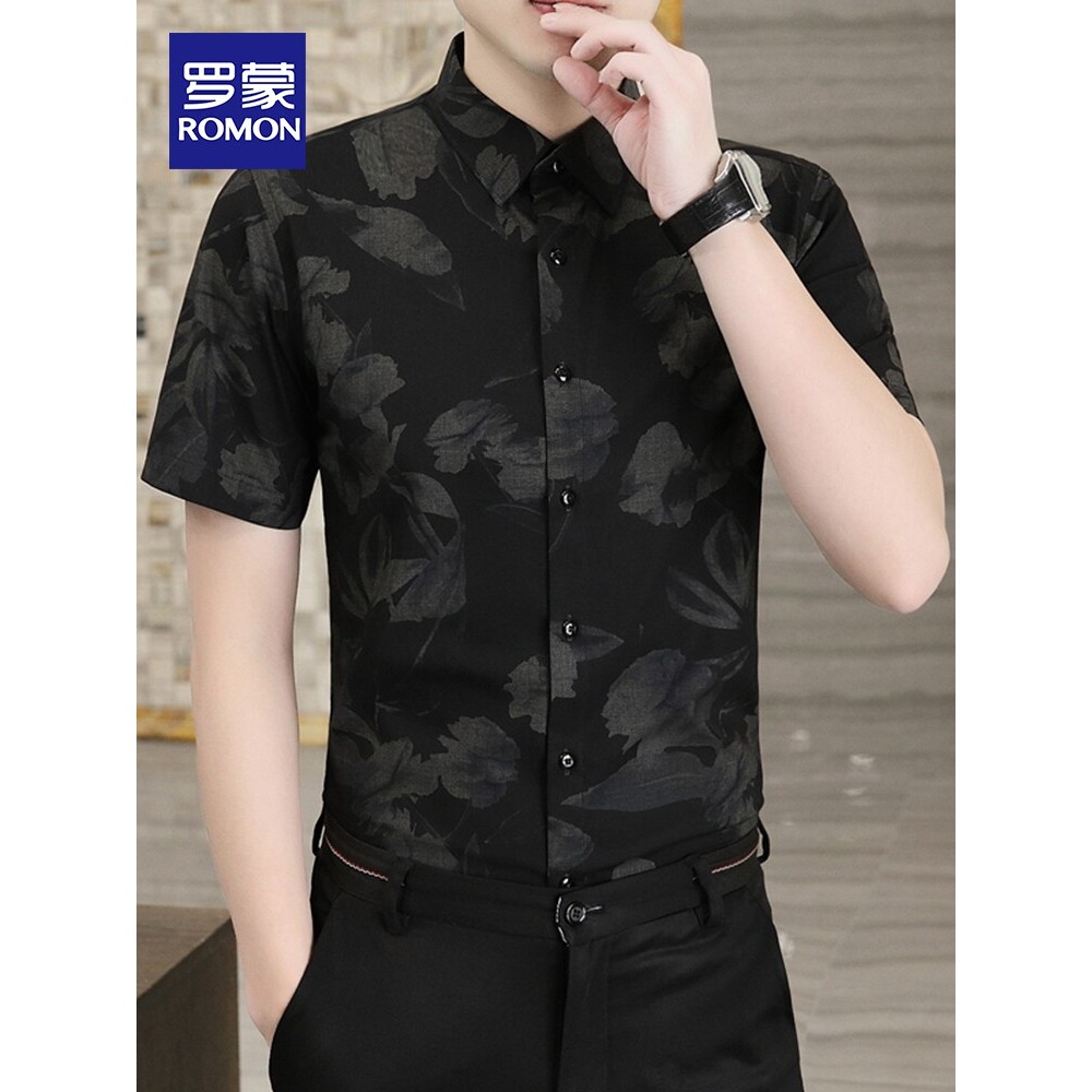 [Estampa de flor de peônia] Camisa masculina de manga curta de fibra de bambu elástica Lomon Camisa masculina antirrugas