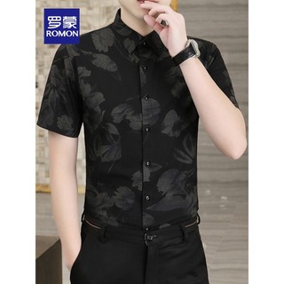 [Estampa de flor de peônia] Camisa masculina de manga curta de fibra de bambu elástica Lomon Camisa masculina antirrugas
