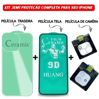 Kit 3em1 Película Traseira + Película Câmera Transparente + Película Tela Cerâmica iPhone 11 12 13 14 15 16 Pro Max em Oferta na Shopee