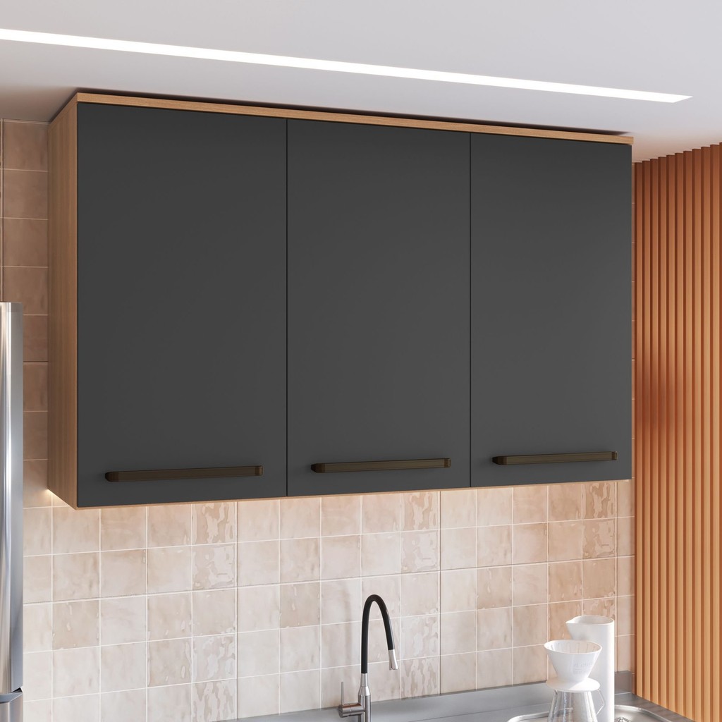 Armário Aéreo 120cm 3 Portas com Prateleira Interna Isabelle Freijó/Grafite