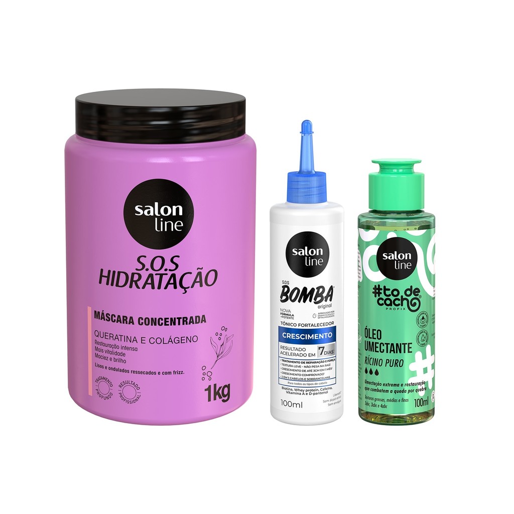 Kit com Óleo de Umectação Rícino Puro + Máscara Bio-Reconstrução + Tônico Fortalecedor Salon Line em Oferta na Shopee