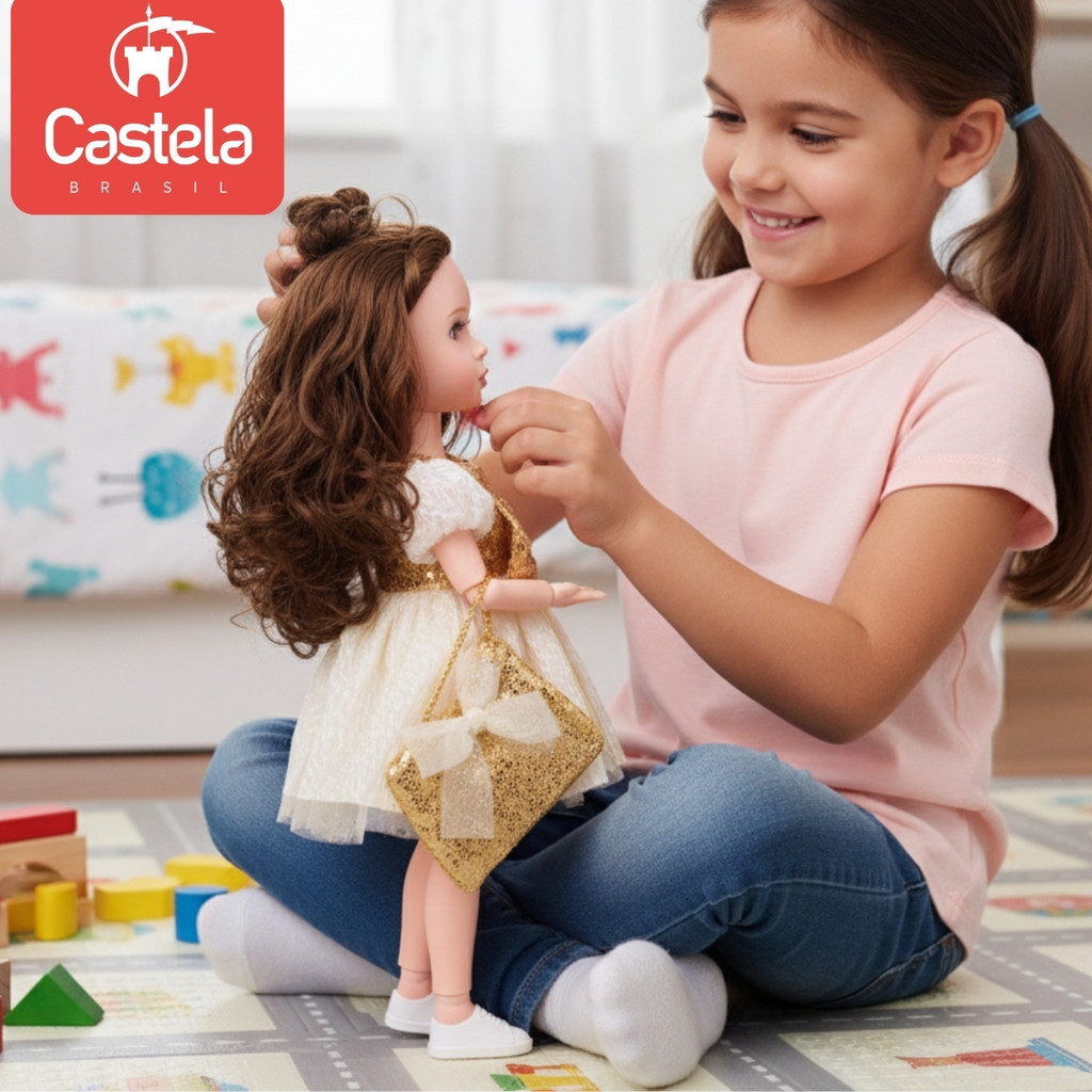 Detalhes do Brinquedo Boneca Articulada Emelia Vestido e Bolsinha Dourado - Castela
