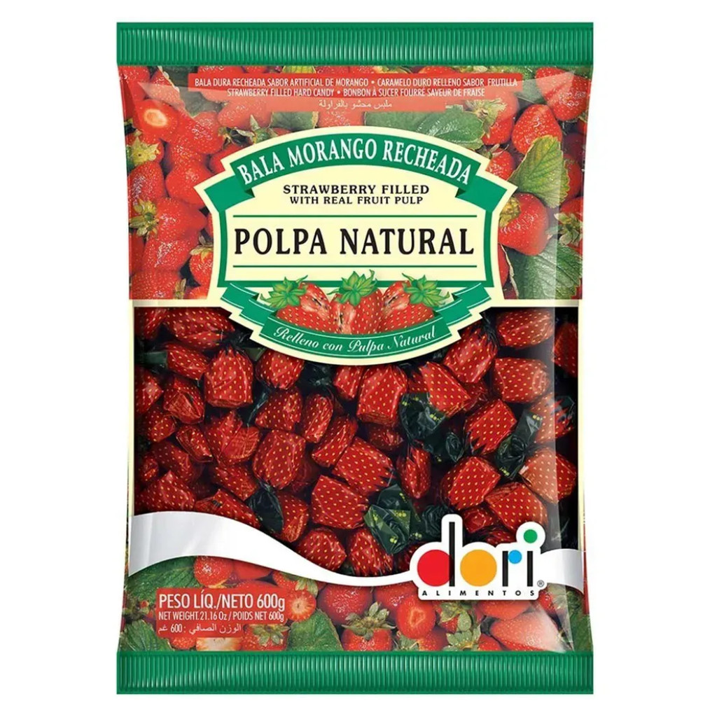 Bala de Morango Recheada com Polpa Natural Dori – 600g em Oferta na Shopee