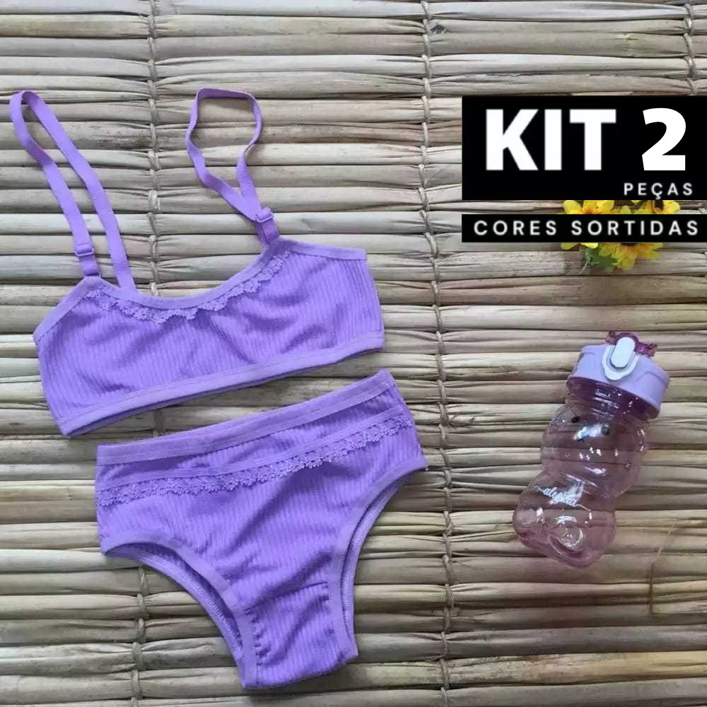 Kit 2/1 Conjunto Infantil Canelado Top e Calcinha em Algodão Infanto Juvenil Moda Intima Confortável