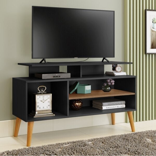 Rack para TV até 42 Polegadas 110cm Pés em Madeira Maciça Retrô Lyon Preto/Canela Preto/Canela