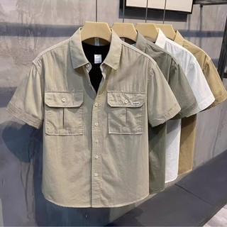 Camisa masculina de manga curta com bolso duplo Casual lapela solta meia manga