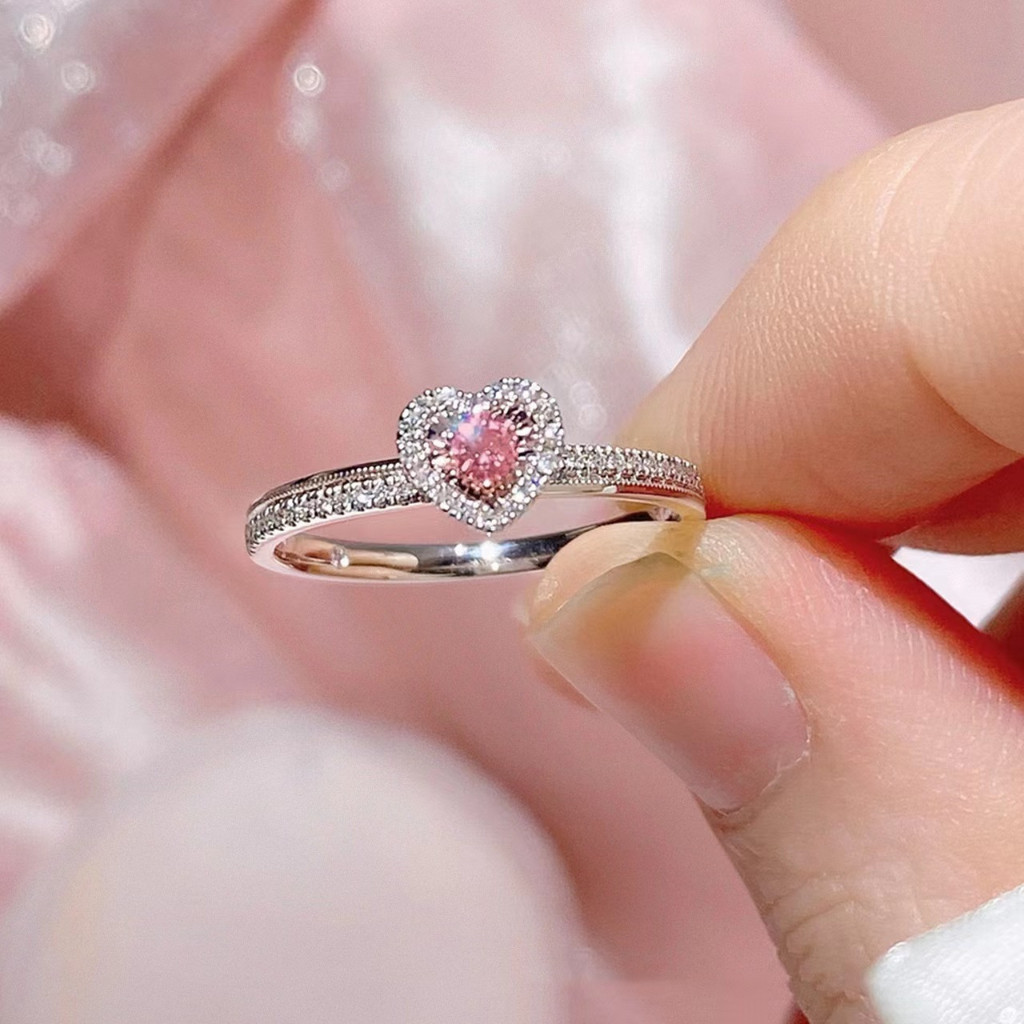 Anel Coração Cor De Rosa Diamante Moda Para Mulheres Acessório De Jóias De Abertura Ajustável Brilhante