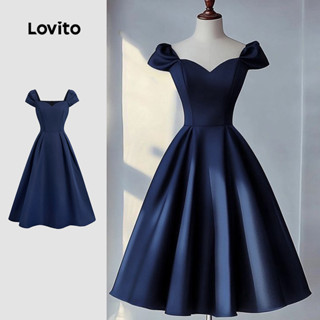 Lovito Vestido Elegante com Pregas Primavera/verão Vestido Azul Marinho para Mulheres L143ED089 em Oferta na Shopee