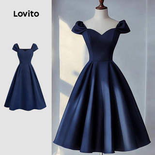 Lovito Elegante Vestido com Pregas Primavera/verão Vestido Azul Marinho para Mulheres L143ED089