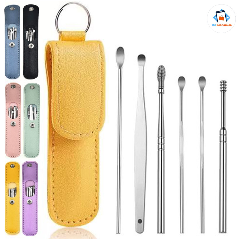 Kit portátil de limpeza de ouvido em aço inoxidável (6 peças) para remover cera eficientemente