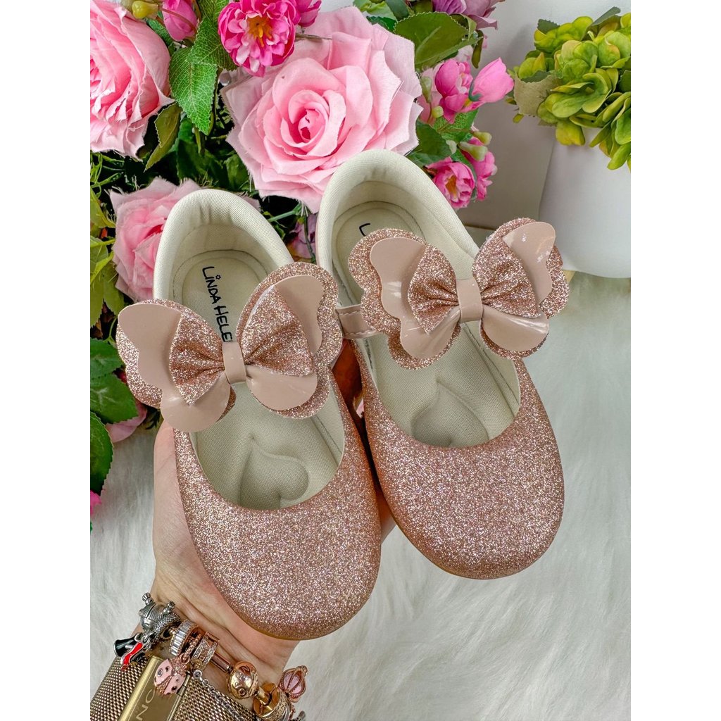 Sapatilha Infantil Nude-Rose Glitter com Laço Removível Luxo Festa Daminha