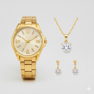 Kit Relógio Feminino Dourado ou Prata + Colar + Brinco Folheados – Conjunto Feminino Elegante