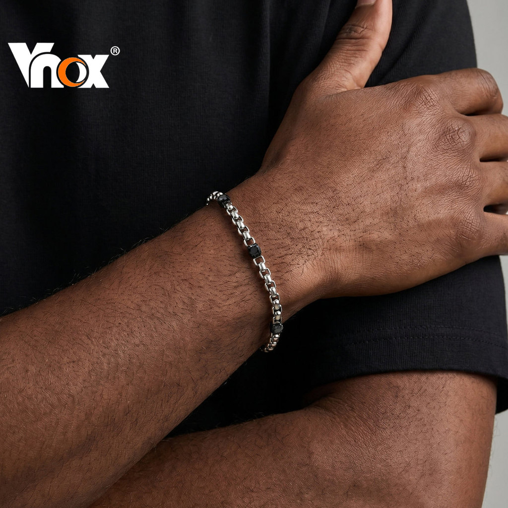Pulseira De Corrente Vnox Box Para Homens Com Zircônia Preta Em Aço Inoxidável Fashion Prata Joia Presente Ele