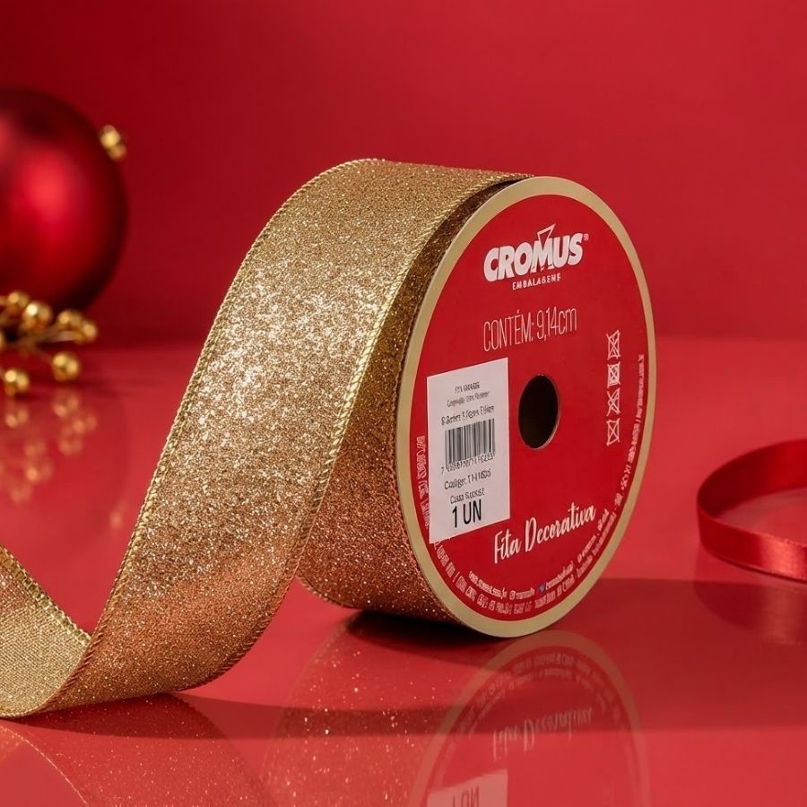 Fita Aramada de Decorativa de Natal - Dourado Com Glitter - 9,14m - 1 unidade - Cromus - Rizzo