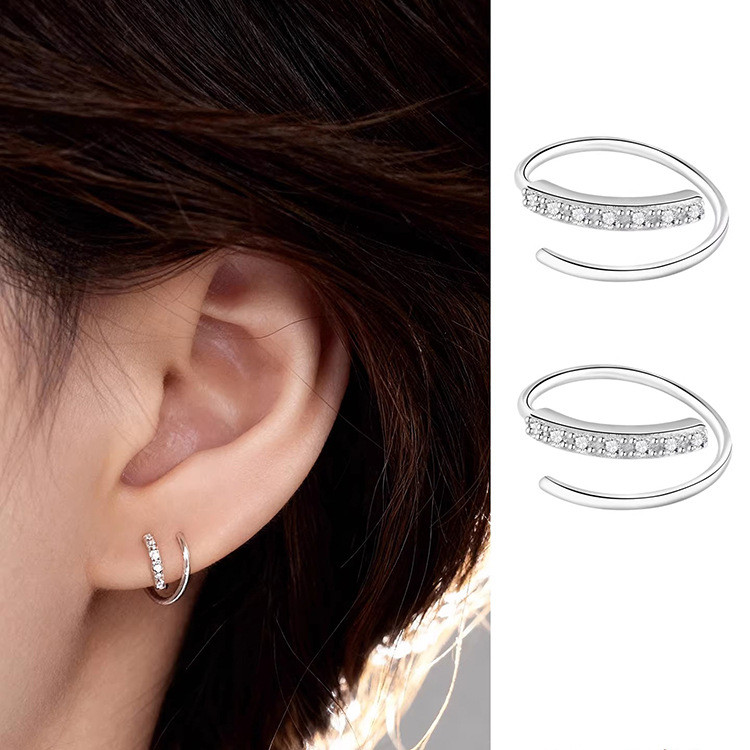 Brincos espirais de zircônia, Design de nicho feminino, brincos de diamante de fileira única, brincos elegantes exclusiv