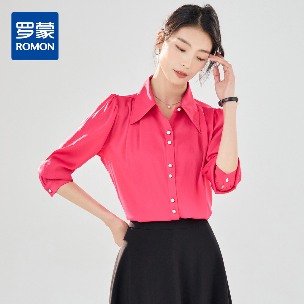 Lomon Camisa feminina de manga comprida estilo clássico Commuter lapela manga comprida cor sólida camisa de uso único ca