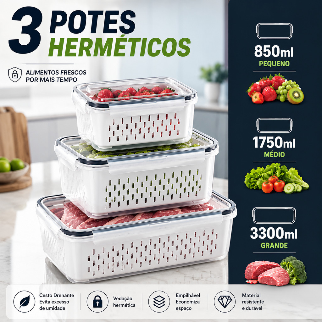 3 Potes Organizadores Herméticos De Geladeira para Frutas, Alimentos inclui Cesto Tampa