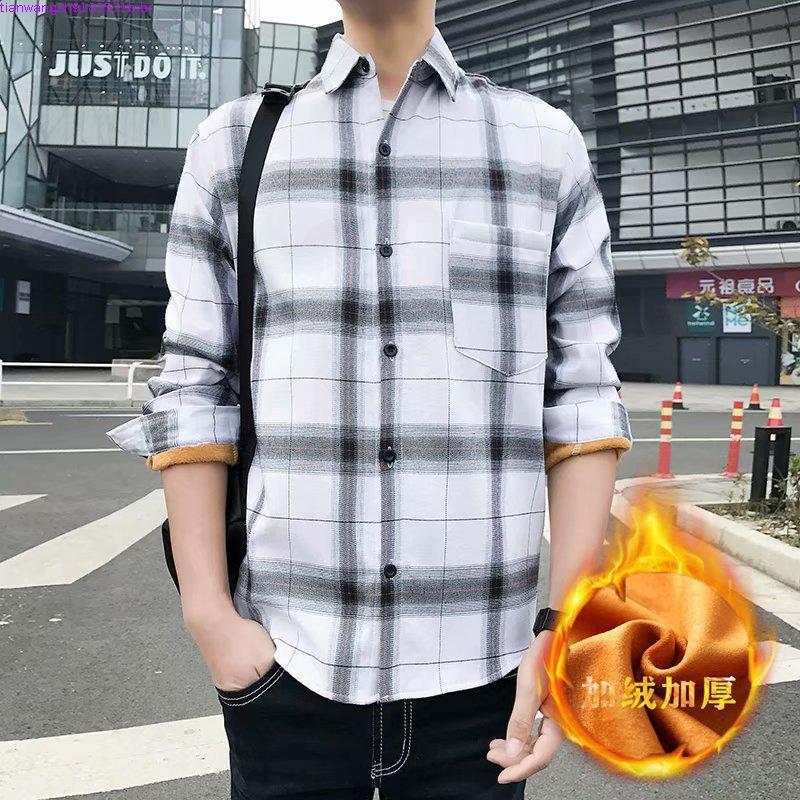 Inverno quente csa xadrez masculina na moda Casual csa de manga comprida roupas estudante Street Wear forro de lã