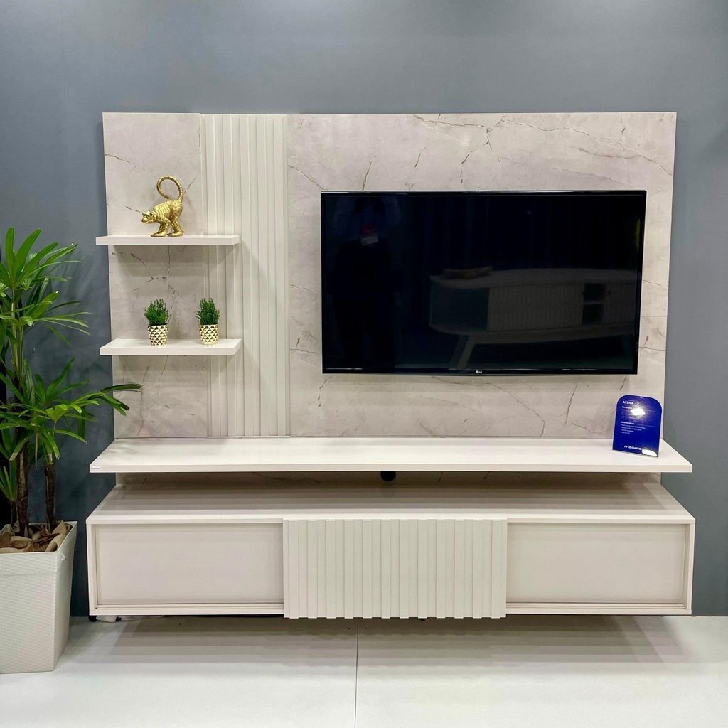 Painel Ripado para TV até 65 Polegadas com LED 2 Portas 167,5x200cm Atena Yescasa Branco Calacata/Offwhite