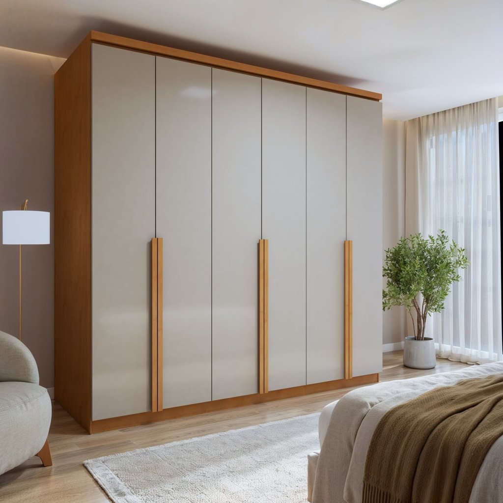 Guarda-Roupa Casal 6 Portas 4 Gavetas MDF 230cm Alonzo Marrom Amêndoa Clean/Off White Amêndoa Clean/Off White