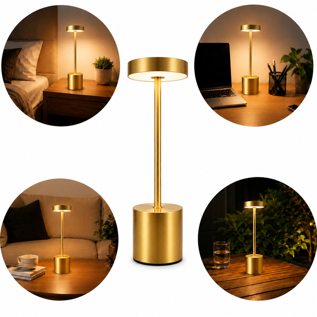 Abajur Dourado Led Touch Recarregável Usb Luminária Mesa Quarto