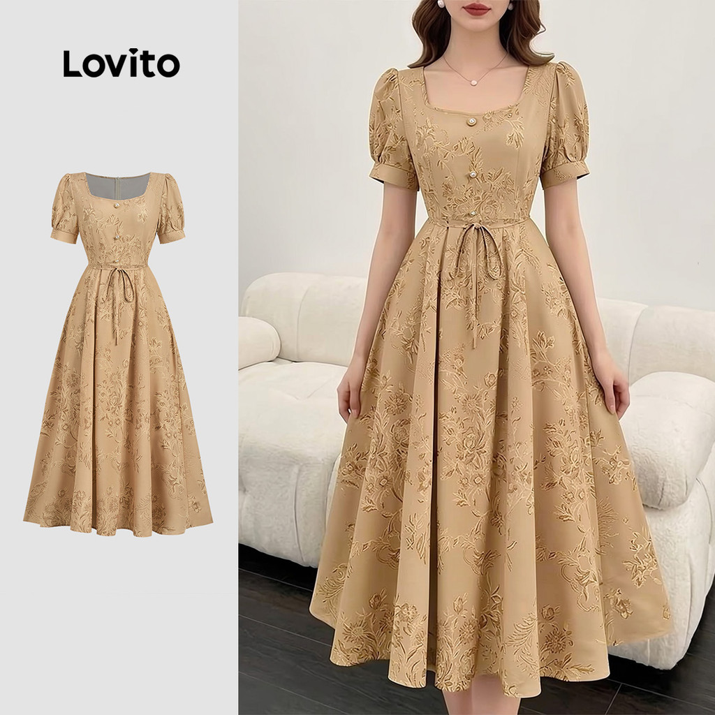 Lovito Delicado Vestido Elegante com Botões Na Frente Floral Longo Primavera/verão em Cáqui para Mulheres L172LD1416