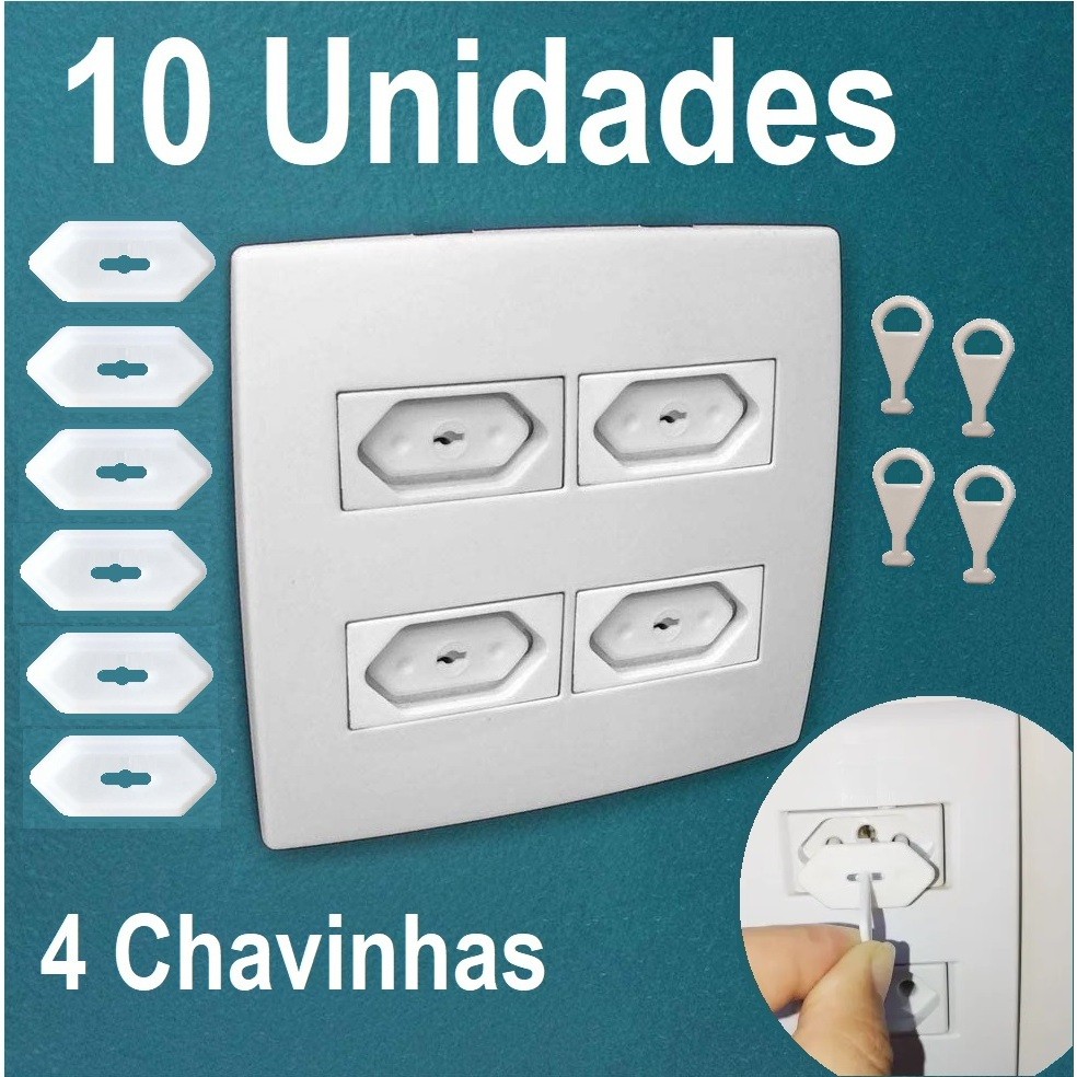 Kit 10/15/20 Protetores de Tomada e 4 Chavinhas Branco Antichoque Bebê Segurança