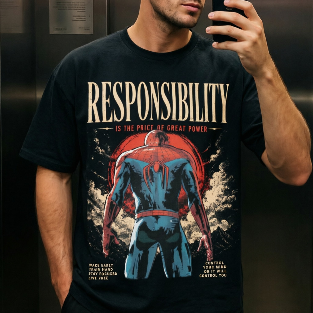 Camiseta Masculina Feminina Oversized Estampa Costas de Personagem de Herói com Frase Motivacional Fonte Vintage