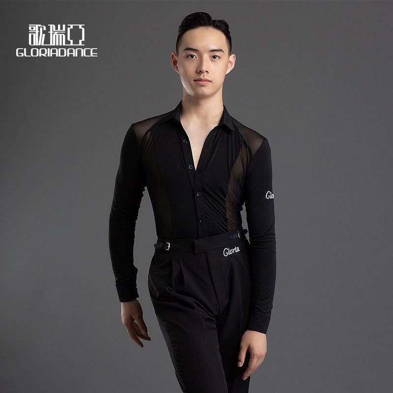 [WDF] Tops de roupas masculinas para prática de dança latina, roupas de treinamento de desempenho masculino, gaze de man