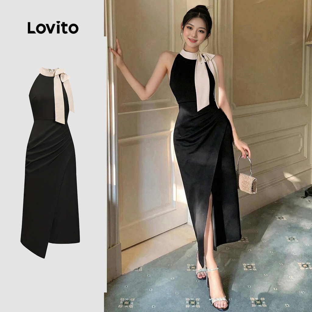 Lovito Elegante Vestido Vestido Colorblock Liso Para Mulheres L91AD171