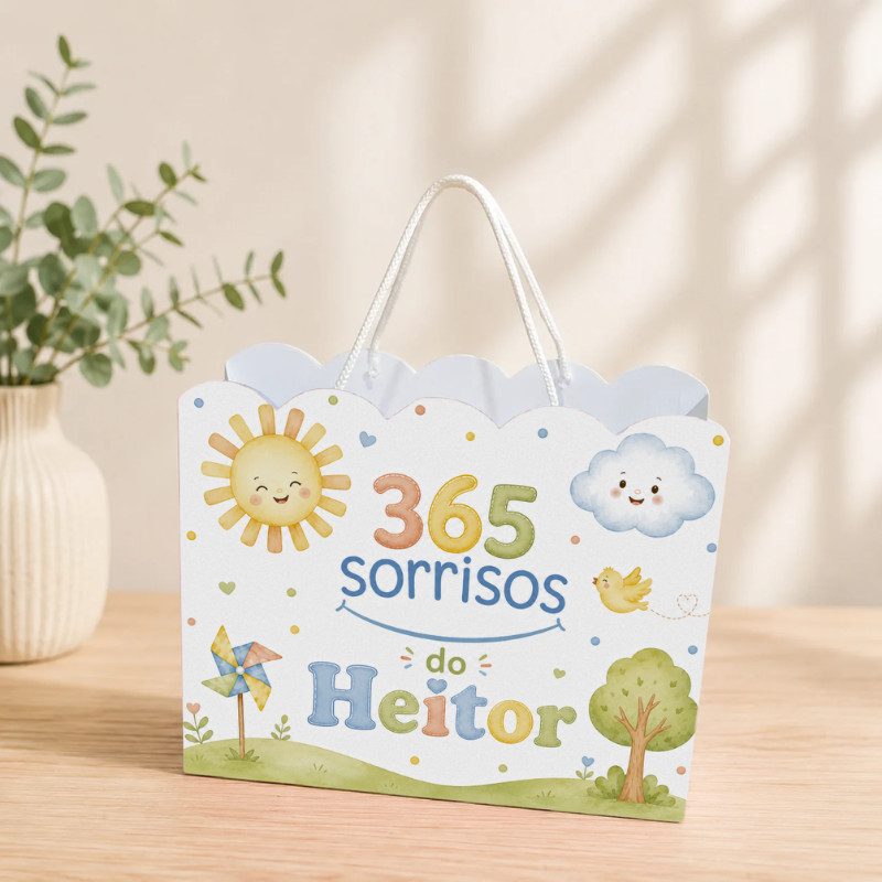 Sacolinha Personalizada 365 Sorrisos Menino  Pegue e Monte Lembrancinha Aniversário Infantil Mimos Festa