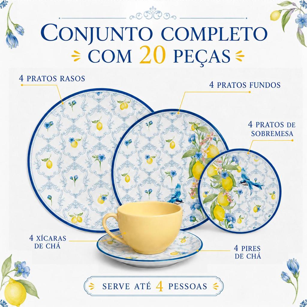 Aparelho de Jantar 20 Peças Sicília Cerâmica com Xícara Amarela Mesa Posta Completa - Alleanza — imagem 2 de 2