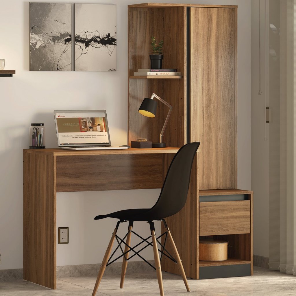 Escrivaninha Mesa Escritório com Armário Office Morada 1 Gaveta 126cm Amendola e Grafito Marrom Amêndola/Grafito