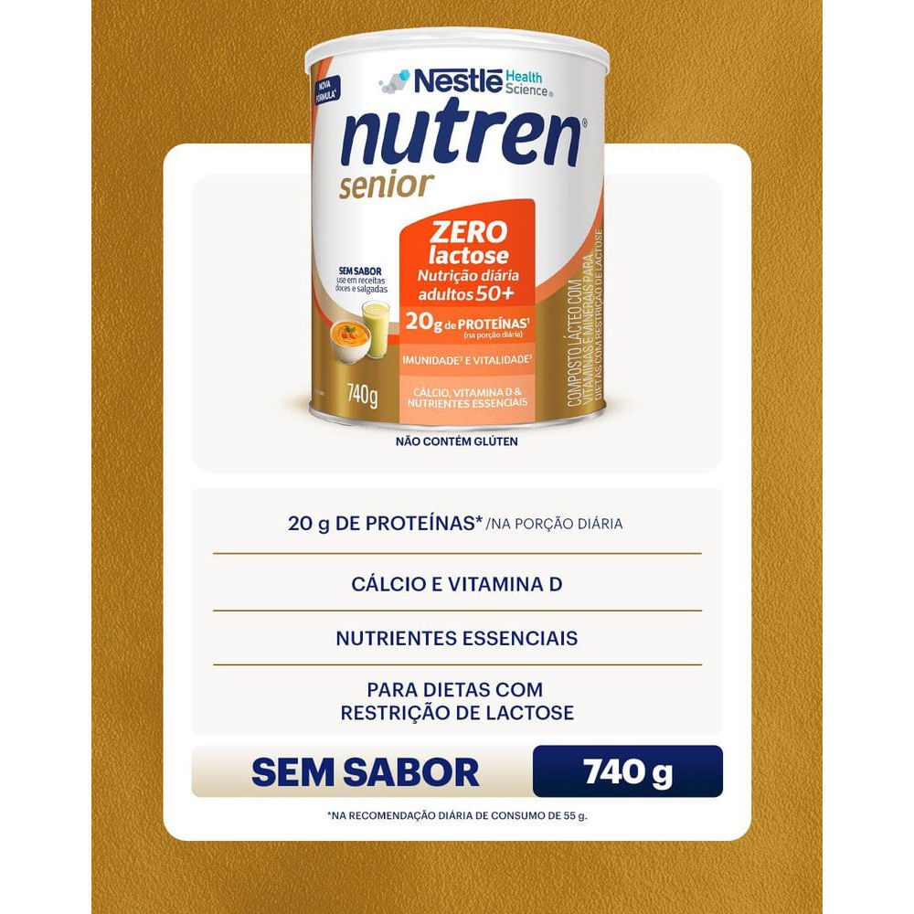 Complemento Alimentar Nutren Senior Sem Sabor Zero Lactose 740g
