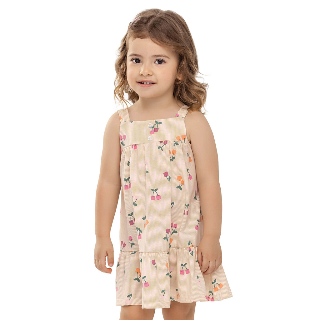 Vestido Infantil Menina Cerejinhas Elian Bege