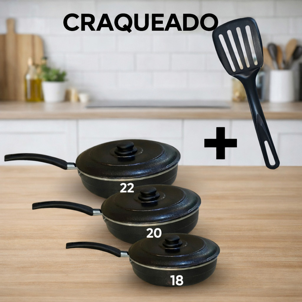 Kit 3 Panelas Frigideiras Alumínio Craquelado Preto 18cm 20cm 22cm + Espátula com Tampa