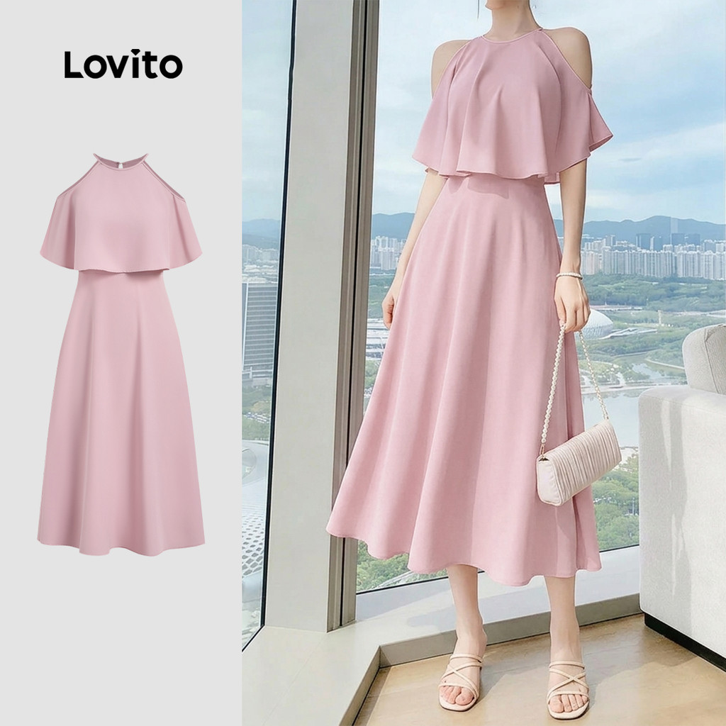 (New Arrival) Lovito Vestido Elegante com Camadas Vestido Rosa Primavera/verão p