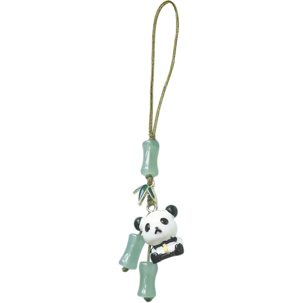 Elegante Cordão para Telefone com Pandas Ciano/Estilo Leque, Pingentes Modernos para Traje Han, Alças de Bambu para Tele