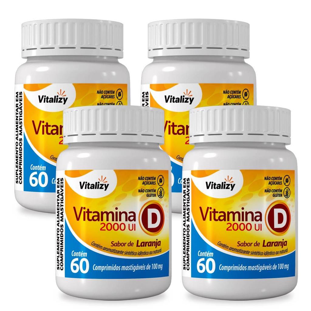 Kit 4x60 Comprimidos Vitamina D D3 Mastigáveis Alto Teor Sabor Laranja Zero Açúcar Original Vitalizy