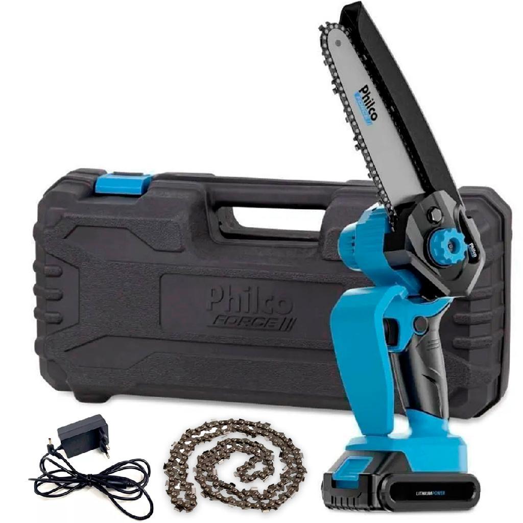 Mini Motosserra A Bateria Recarregável Force Philco Elétrica Sem Fio 21v Pmm216 3000Rpm 7 Acessórios