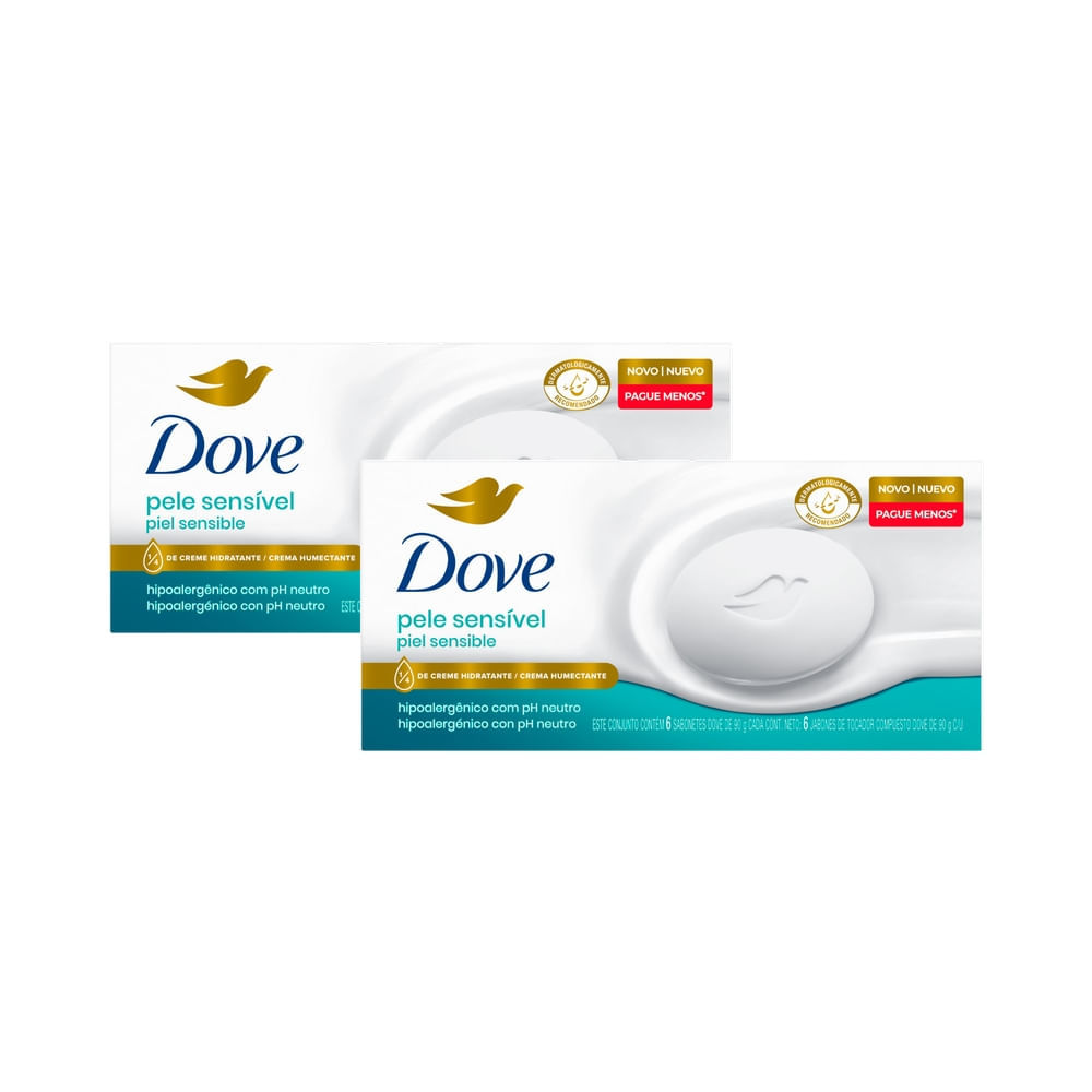 Kit 2 Sabonete em Barra Dove Pele Sensível com 6 Unidades de 90g cada